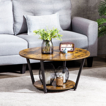 Matt Round Coffee Table with Storage Shelf-Rustic Brown