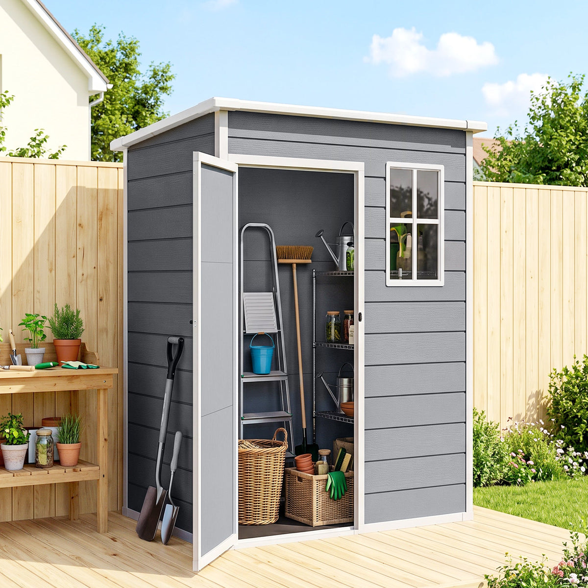 5 x 3FT Garden Shed with Floor, Outdoor Storage Shed with Lockable Door, Window and Vent for Backyard, Patio, Dark Grey