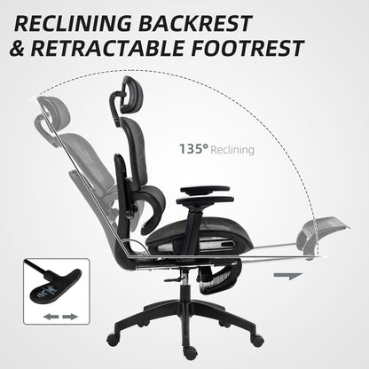 Mesh Office Chair with 3D Armrest, High Back Desk Chair with Lumbar Support, 135° Reclining, Adjustable Headrest, Black