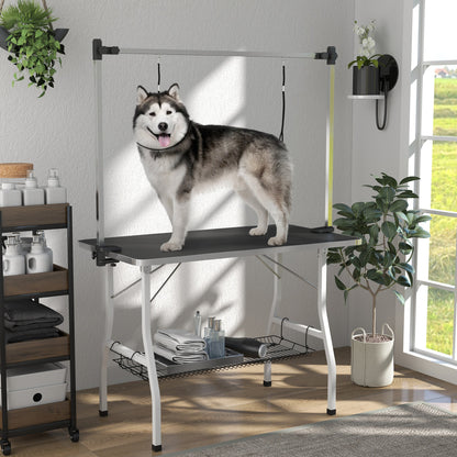 Foldable Dog Grooming Table with Adjustable Grooming Arms, Storage Shelf, Two Nooses, 42" x 24" x 61", Black