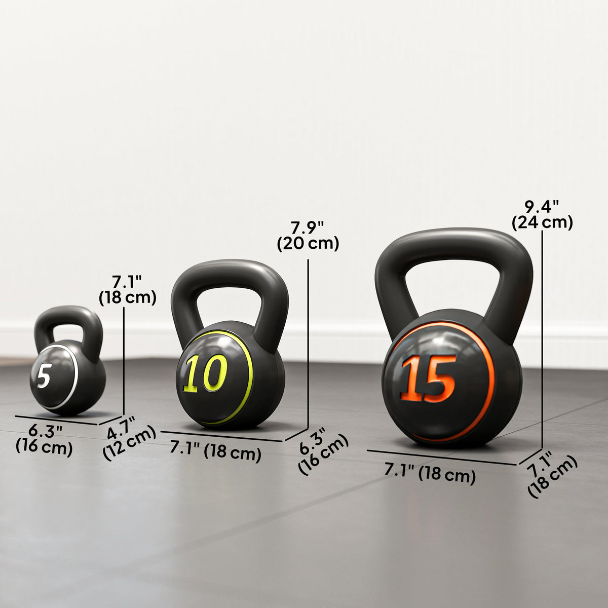 Three-Piece Kettlebell Set Weights with Storage Stand for Home Gym Weight Lifting Training, 5lbs, 10lbs, 15lbs (2.2kg, 4.5kg, 6.8kg)