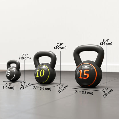 Three-Piece Kettlebell Set Weights with Storage Stand for Home Gym Weight Lifting Training, 5lbs, 10lbs, 15lbs (2.2kg, 4.5kg, 6.8kg)