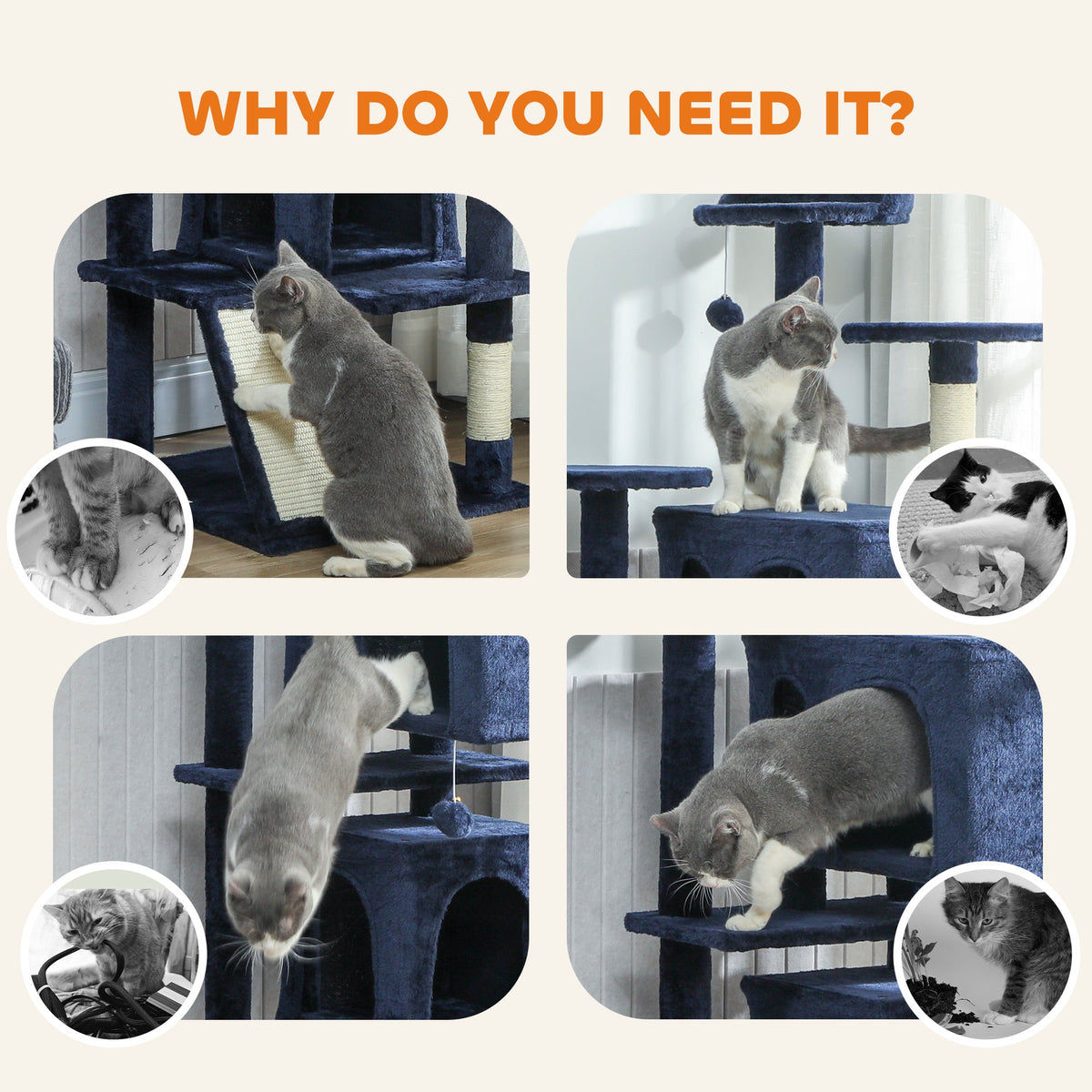 54" Cat Tree, Multi-Level Cat Tower with Scratching Posts, Cat Condos, Bed, Platforms, Ramp, Toy Ball, Beige
