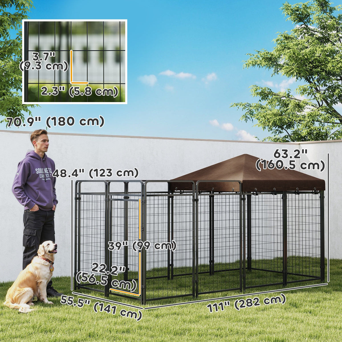 Dog Kennel Outdoor with Waterproof Canopy, Dog Run with Galvanized Chain Link for Large and Medium Dogs, Black