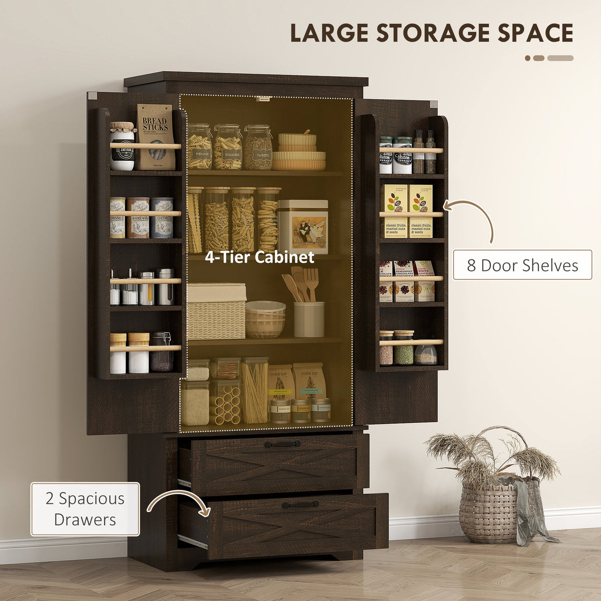 Farmhouse Kitchen Pantry Storage Cabinet, 64" Freestanding Kitchen Pantry Cabinet with Drawers, Distressed Black