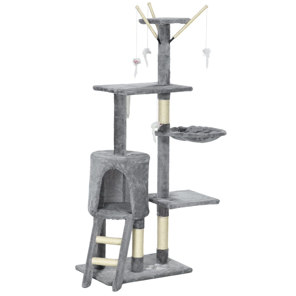 53" Cat Tree Tower, Kitten Activity Centre with Scratching Posts, Condo, Perches, Ladder, Hammock, Dangling Toys, Grey