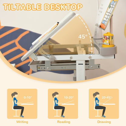 Kids Desk and Chair Set Height Adjustable Student Writing Desk Children School Study Table with Tilt Desktop, Blue