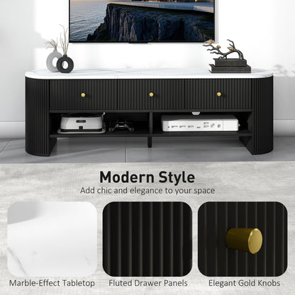 TV Stand, Modern TV Table with Marble-Effect Top, 3 Drawers and 2 Open Shelves for 32-65 Inch Television, Natural