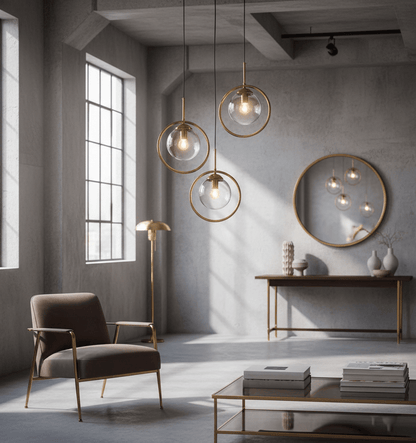 Set of Three Celestial Orb Brass Pendant Lamps