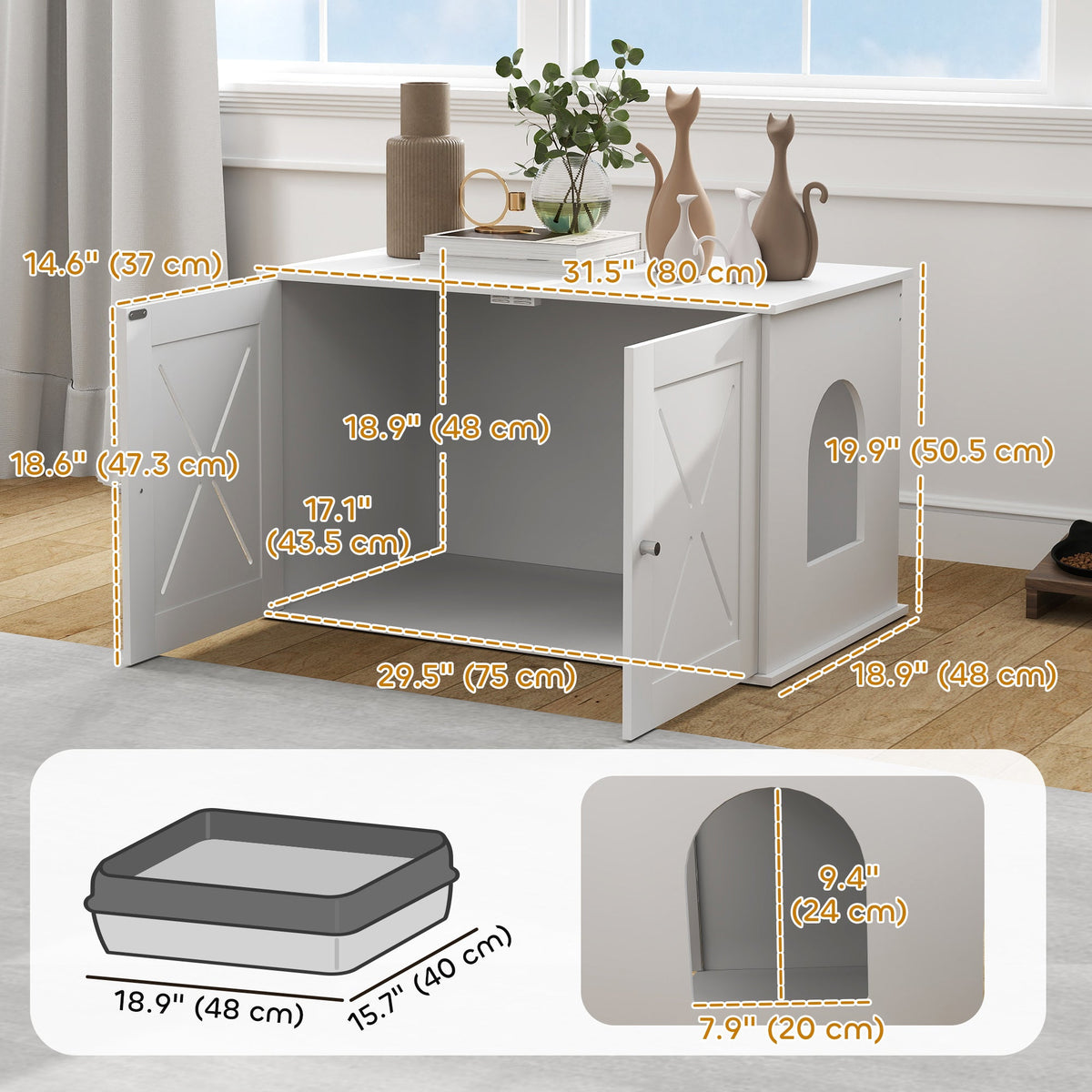 Hidden Cat Litter Box Enclosure with Double Doors, Hole, Pet House Side End Table, 31.5" x 19" x 20", White