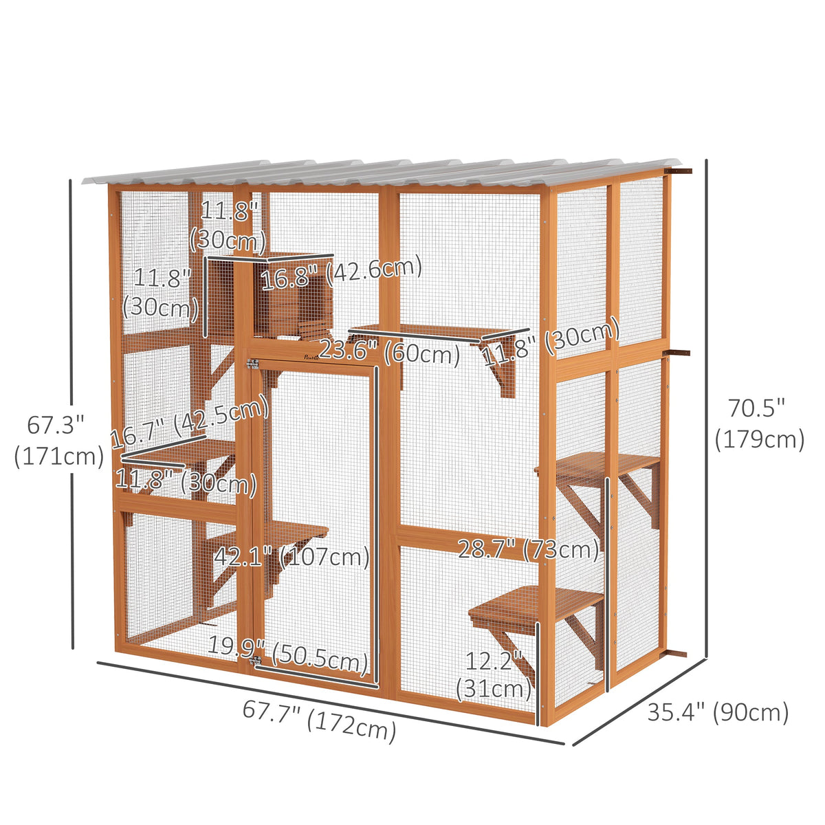 Large Outdoor Catio with Weatherproof Roof, Bridge, Resting Box, Platforms, Grey