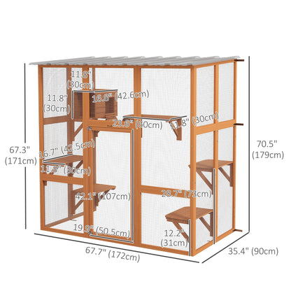 Large Outdoor Catio with Weatherproof Roof, Bridge, Resting Box, Platforms, Grey