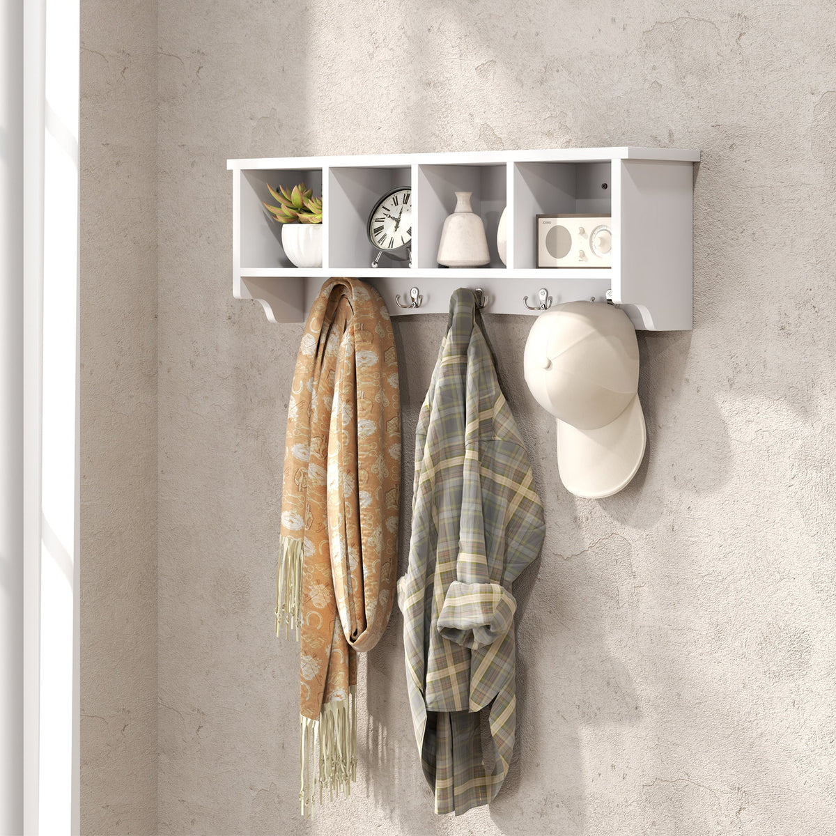 Coat Rack Wall Mount with Shelf, 28" Wall Coat Rack with 5 Hooks and 4 Compartments for Living Room, Entryway, Black