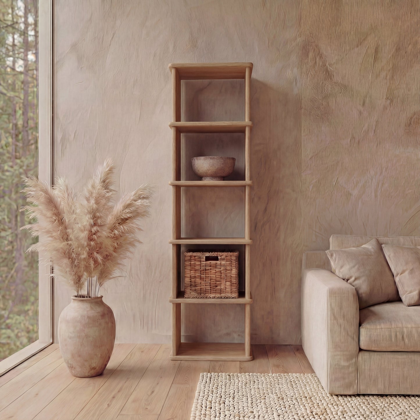 Narrow bookshelf in white oak