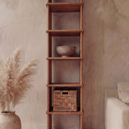 Tall narrow bookcase in red oak