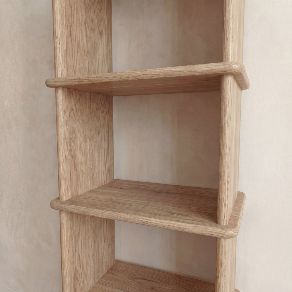 Narrow bookshelf in white oak