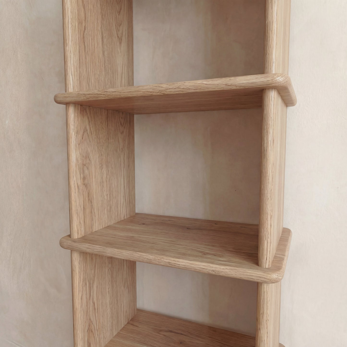 Narrow bookshelf in white oak