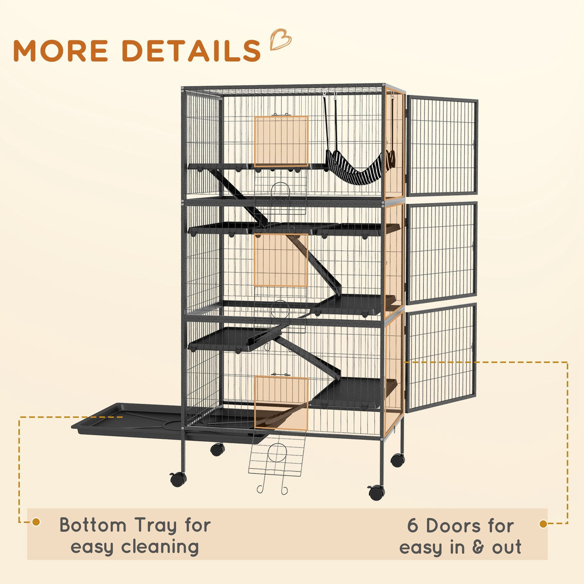 5-Tier Rolling Small Animal Cage, Deluxe Guinea Pig Cage, Ferret Cage for Mink Chinchilla Kitten Rabbit, Grey