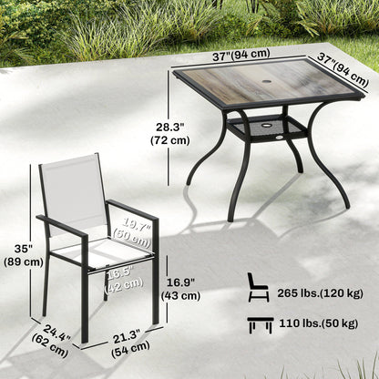 5 Piece Outdoor Patio Dining Set, Dining Table and 4 Stackable Chairs with Umbrella Hole, Shelf