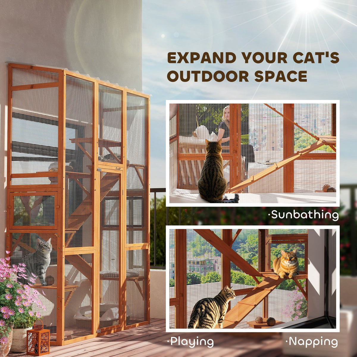 Large Outdoor Catio with 6 Jumping Platforms, Scratching Post, 2 Ramps, Waterproof Roof, Grey