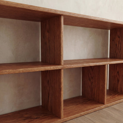 65 inch bookshelf TV stand in red oak