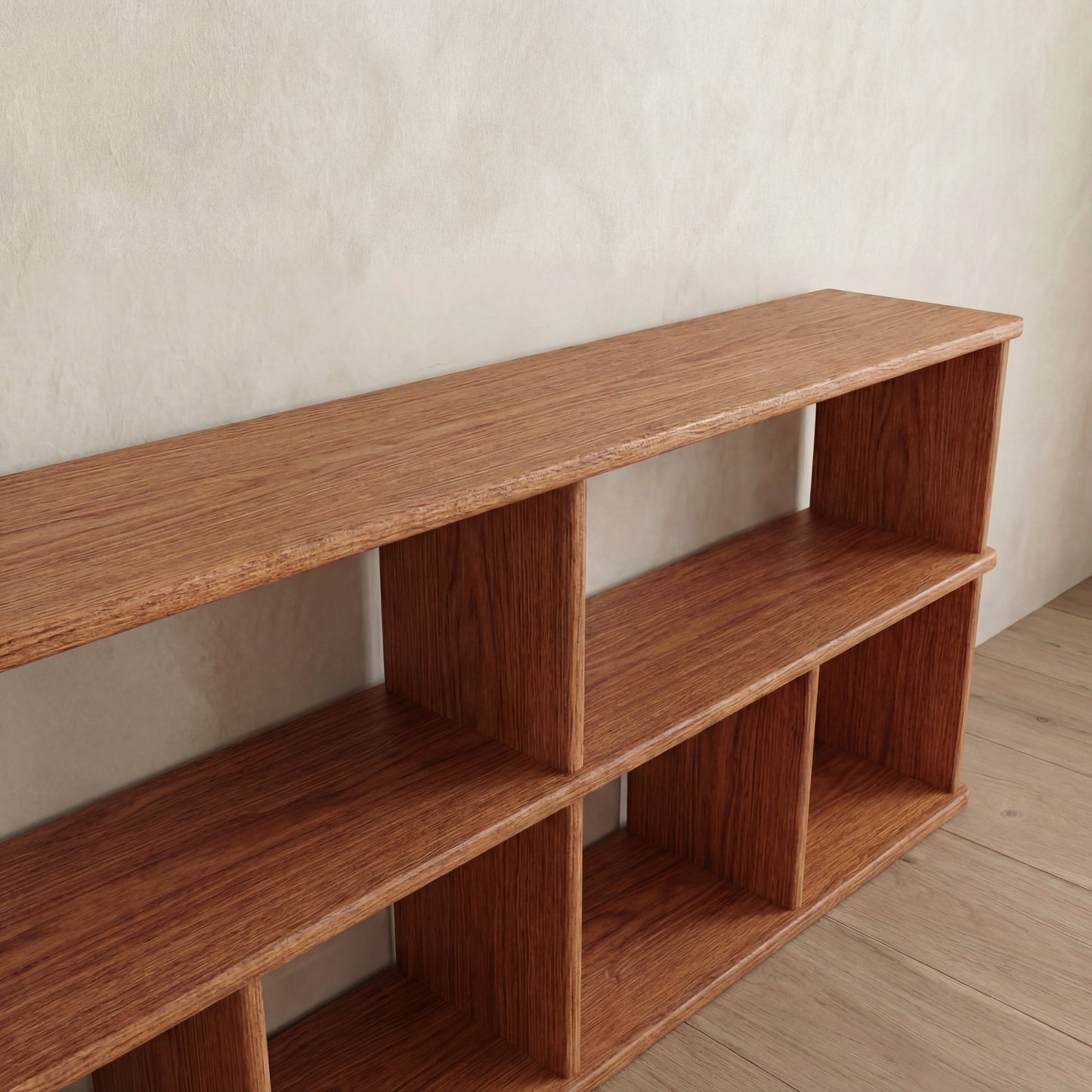 65 inch bookshelf TV stand in red oak