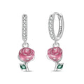 Romantic Rose Sterling Silver Hoop Earrings With Green Accents
