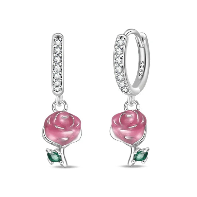 Romantic Rose Sterling Silver Hoop Earrings With Green Accents