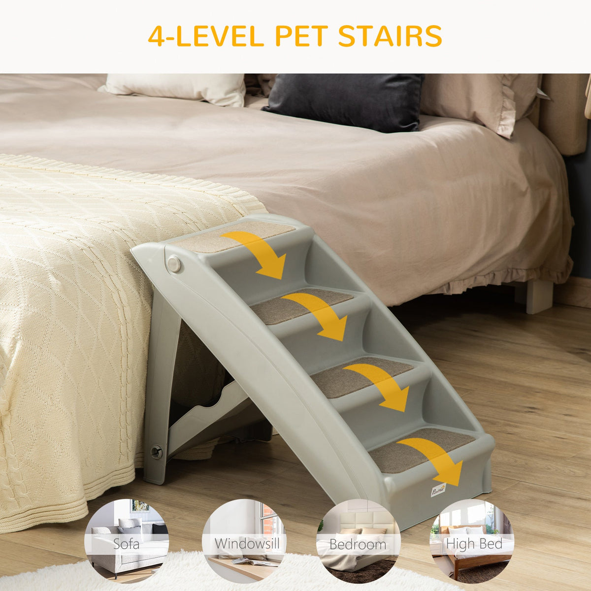 4-Level Portable Dog Stairs, Foldable Dog Steps for Small Dogs, Lightweight Cat Steps, with Nonslip Soft Mats, for High Bed, Sofa, Beige