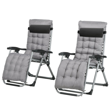 Folding Garden Chairs Set of 2, Reclining Zero Gravity Chair, Sun Lounger with Cushion and Headrest, Dark Grey