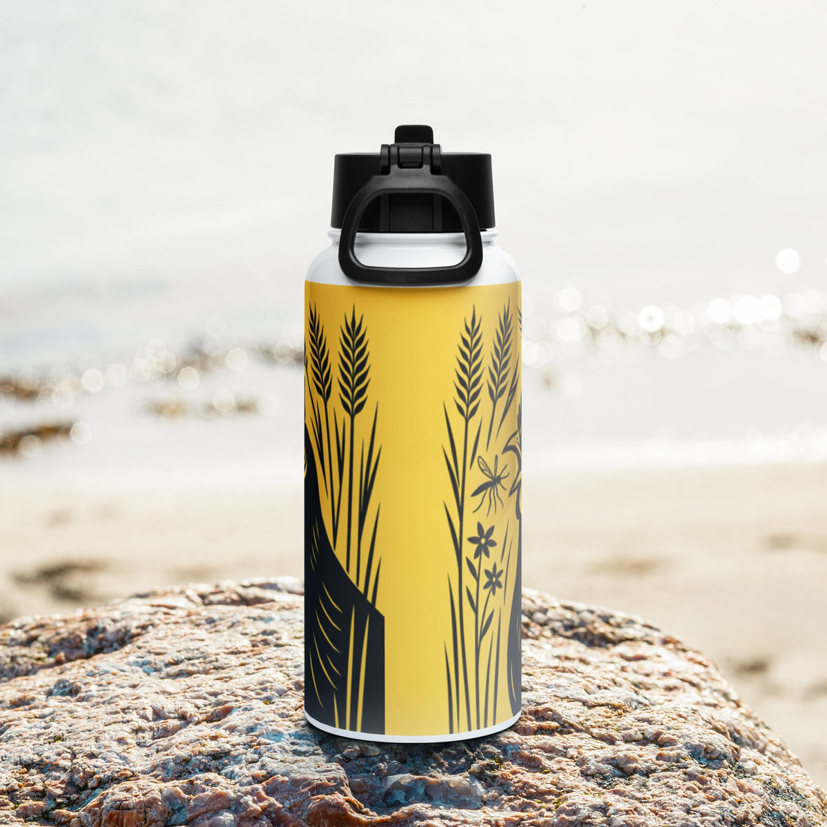 Golden Wheat Rooster Stainless steel water bottle with a straw