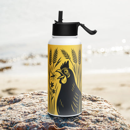 Golden Wheat Rooster Stainless steel water bottle with a straw