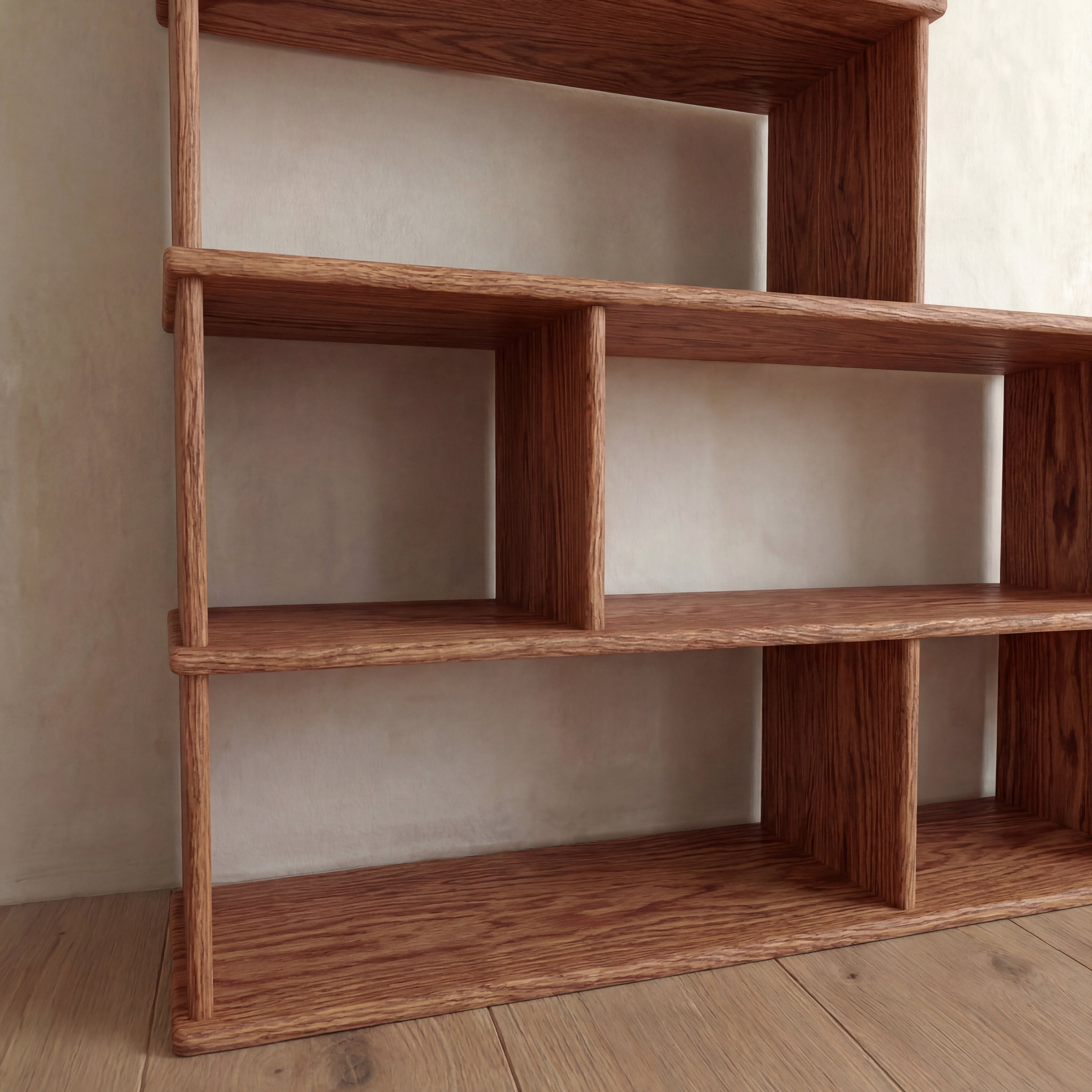 Step bookshelf in red oak