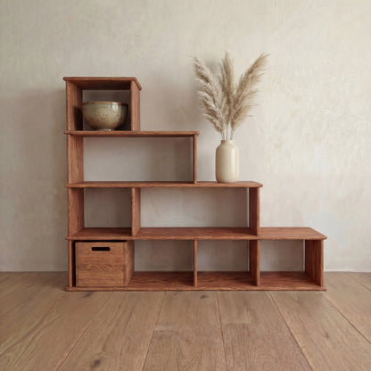Step bookshelf in red oak