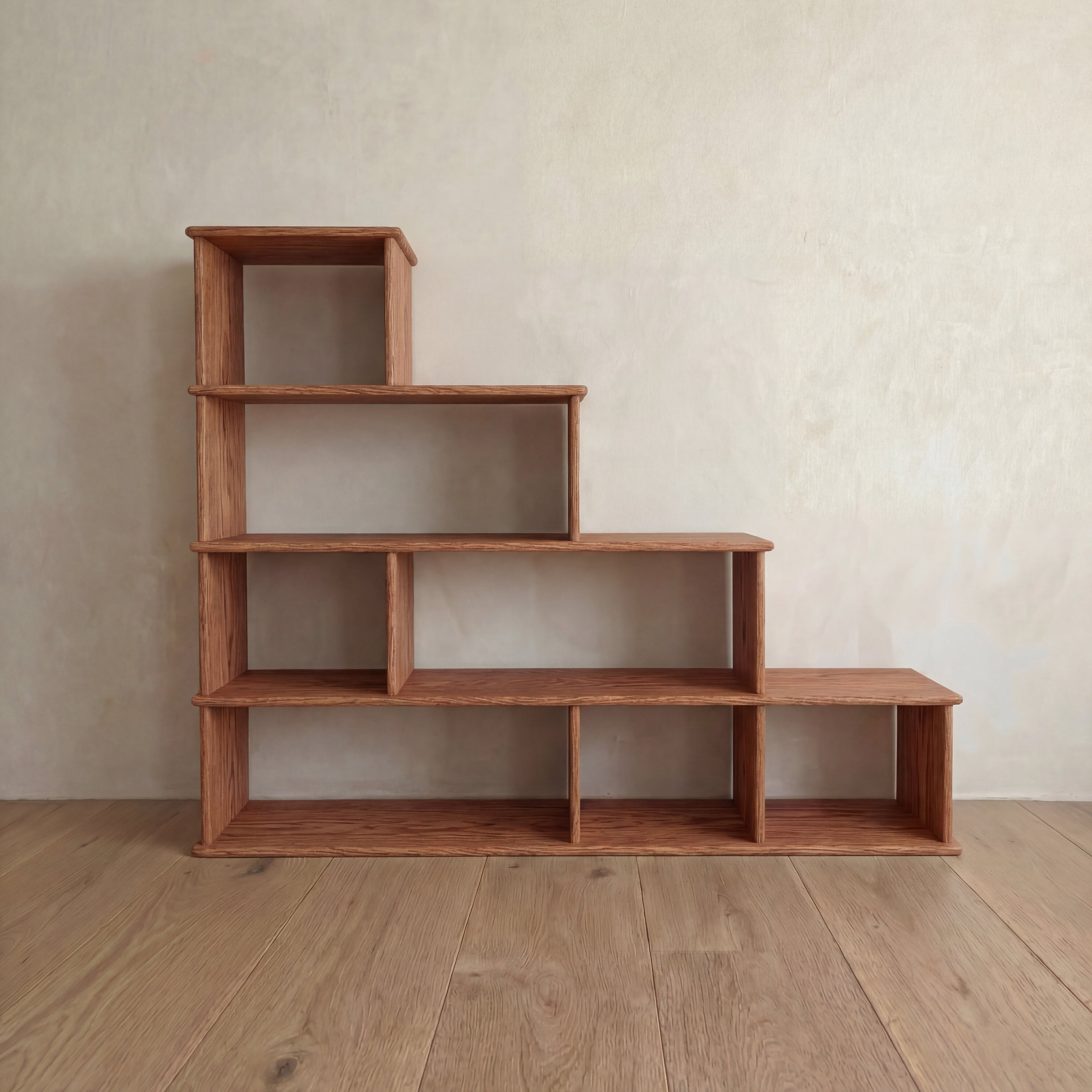 Step bookshelf in red oak