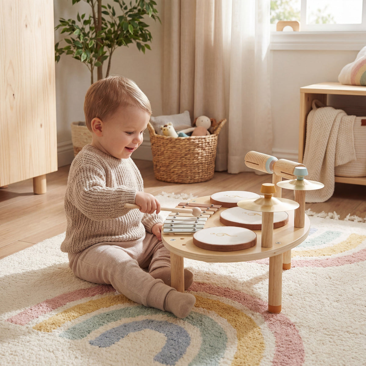 Toddler Drum Set, 4-in-1 Musical Instruments for Kids 2+, Gifts for Girls Boys Birthday, Natural Wood