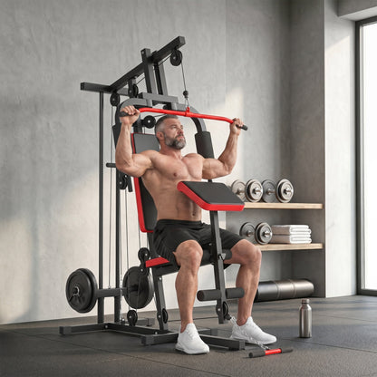 Home Gym Equipment, Multifunctional Weight Machine with Pulley System for Full Body Strength Training, Black