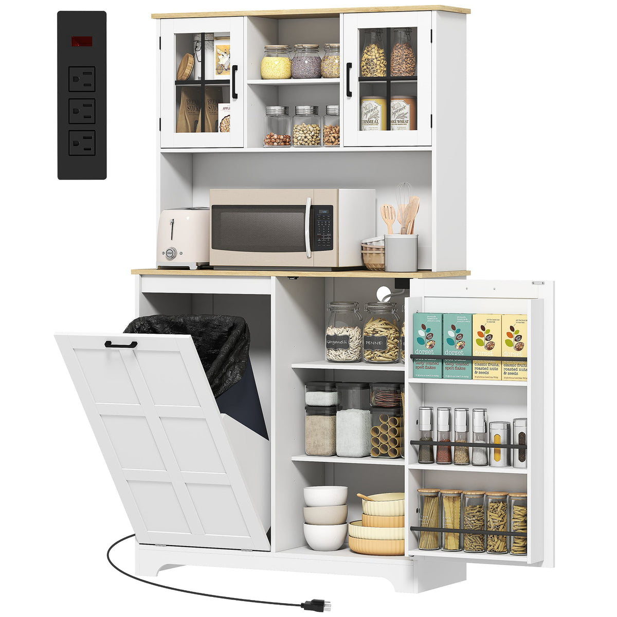 Kitchen Pantry Cabinet with Charging Station, 7 Gallon Trash Can Cabinet, Adjustable Shelves and Acrylic Doors, Black