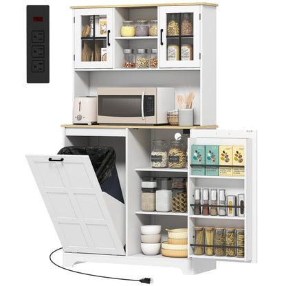 Kitchen Pantry Cabinet with Charging Station, 7 Gallon Trash Can Cabinet, Adjustable Shelves and Acrylic Doors, Black