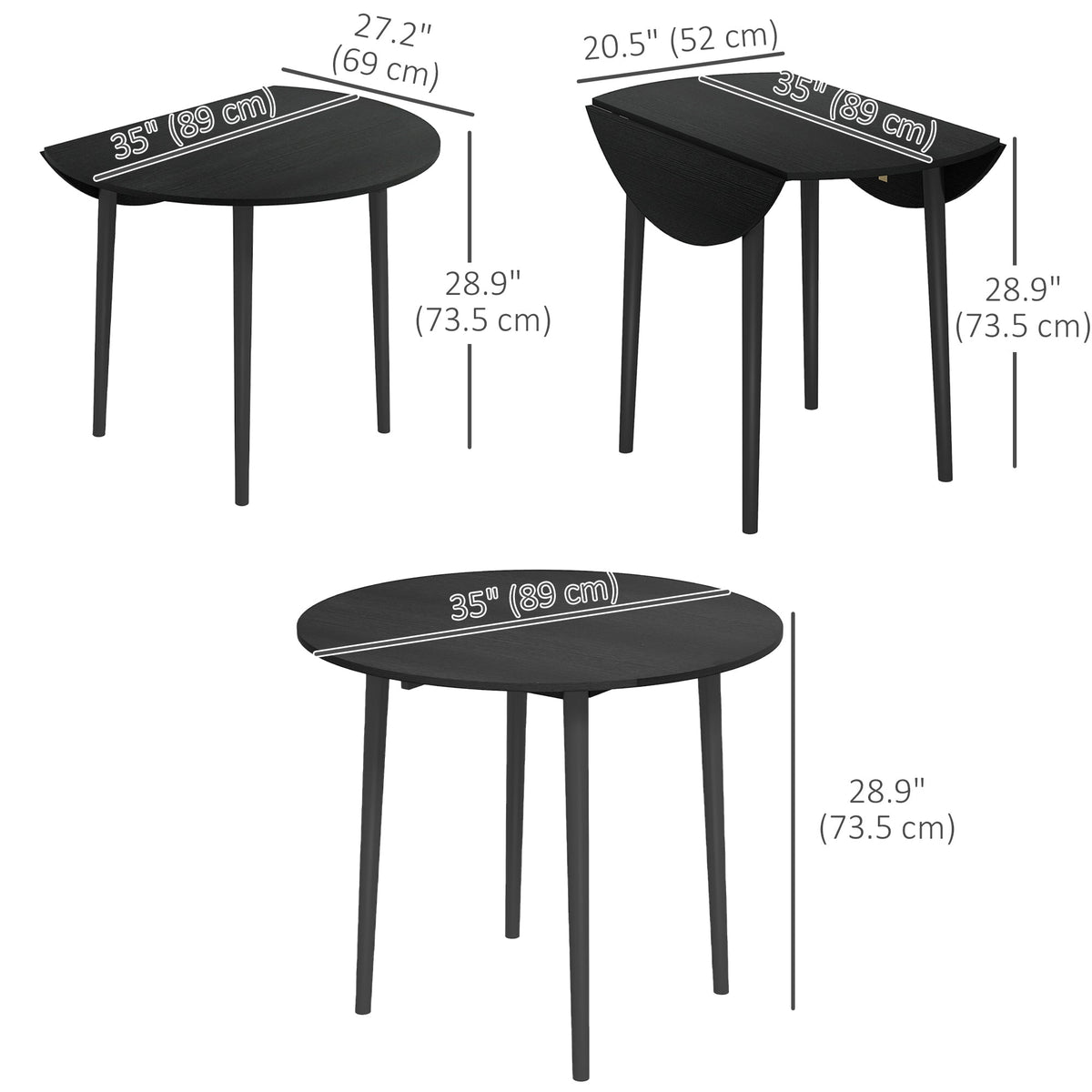 Merrill Round Drop-Leaf/Folding Dining Table for Small Spaces-Black