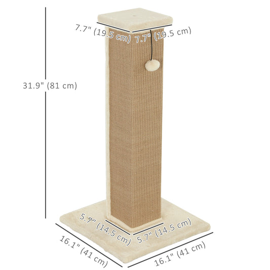 32" Tall Cat Scratching Post for Indoor Cats and Kittens, Sisal Cat Scratcher with Hanging Ball Soft Plush, Beige