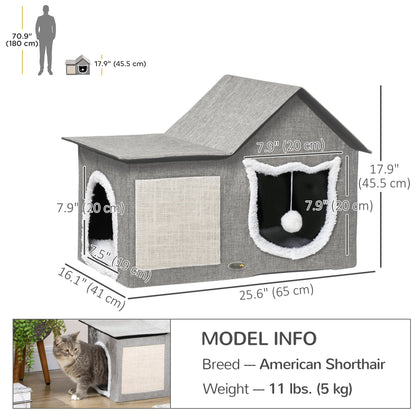 Large Cat Bed for Indoor, Cat House Hideaway with Soft Cushion, Scratching Pad, Dangling Ball, Dual Entrances, Grey