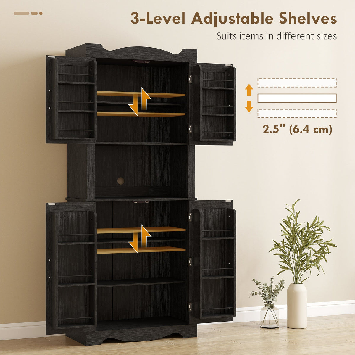 73" Kitchen Pantry Cabinet, Freestanding Kitchen Hutch with 12 Door Shelves, Adjustable Shelves, Microwave Stand, Black