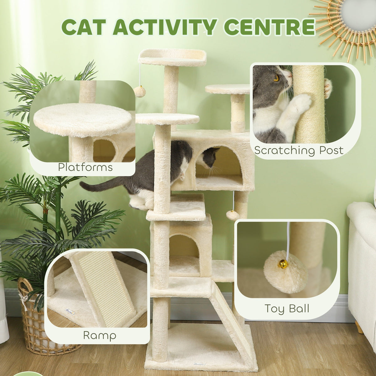 54" Cat Tree, Multi-Level Cat Tower with Scratching Posts, Cat Condos, Bed, Platforms, Ramp, Toy Ball, Beige