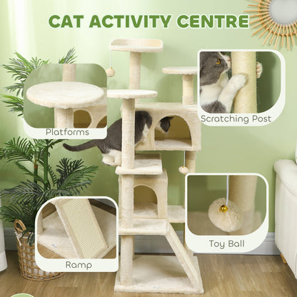54" Cat Tree, Multi-Level Cat Tower with Scratching Posts, Cat Condos, Bed, Platforms, Ramp, Toy Ball, Beige