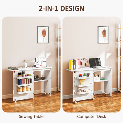 Sewing Machine Cabinet, Folding Sewing Table with Storage Shelf, Bins and Lockable Wheels for Small Space, Brown