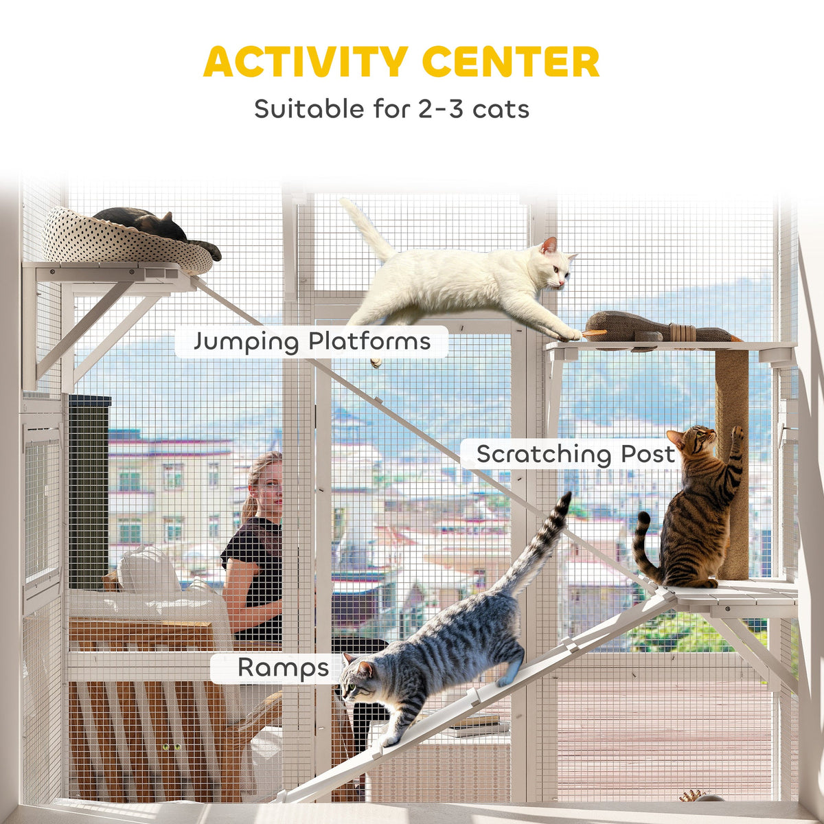 Large Outdoor Catio with 6 Jumping Platforms, Scratching Post, 2 Ramps, Waterproof Roof, Grey
