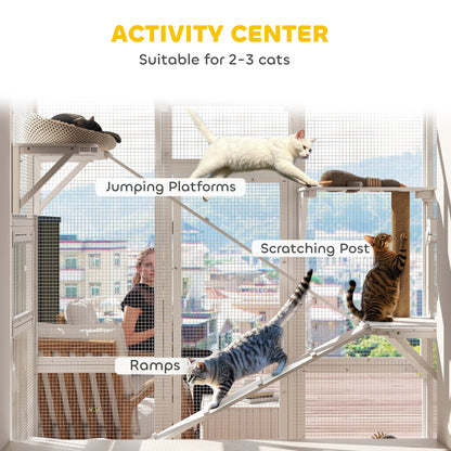 Large Outdoor Catio with 6 Jumping Platforms, Scratching Post, 2 Ramps, Waterproof Roof, Grey