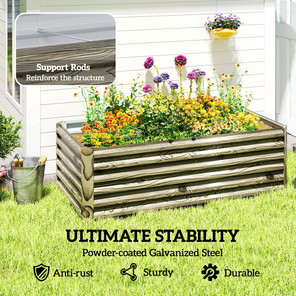 6' x 3' x 2' Raised Garden Bed, Galvanized Planter Box for Growing Flowers, Herbs and Vegetables, Brown