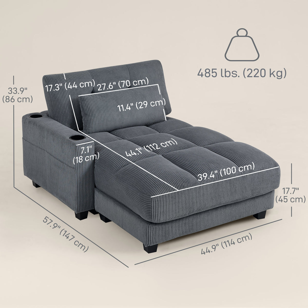 Andi Corduroy Chaise Lounger with 2 Cup Holders-Dark Grey